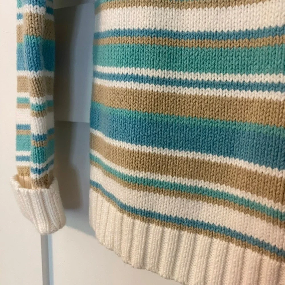 Teal‎ & Tan Striped Button Shoulder Sweater S Boho Chic Coastal Cottagecore Knit